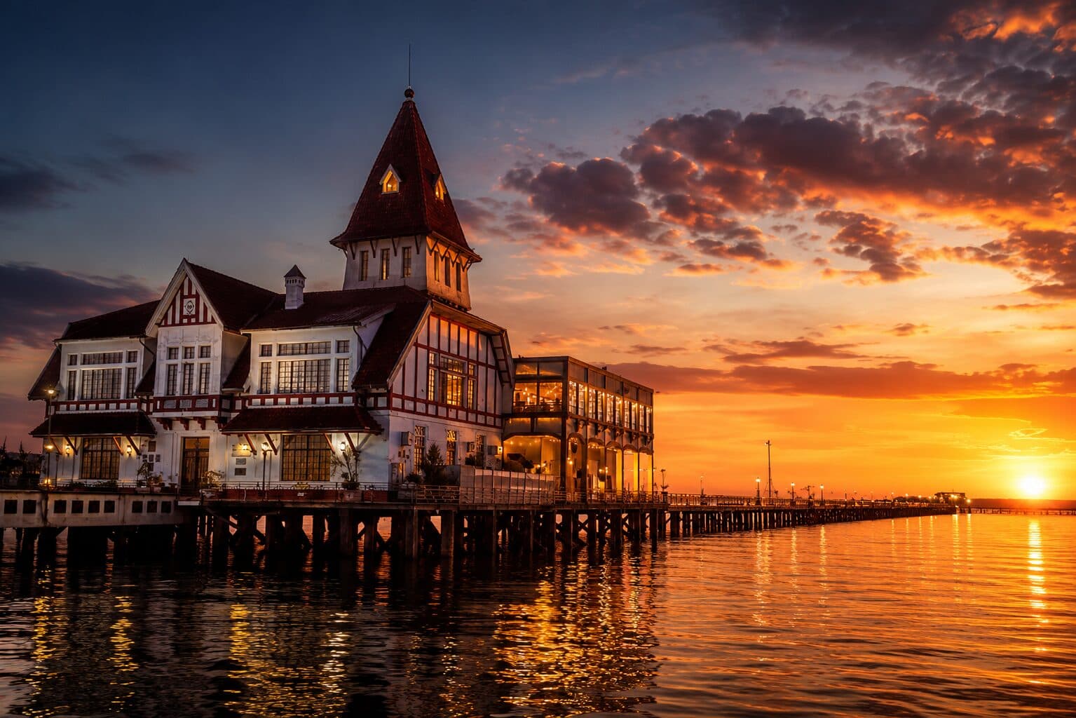 El edificio histórico del Club de Pescadores sobre el muelle, de estilo Tudor con torre en punta, iluminado al atardecer con el sol bajando sobre el río.