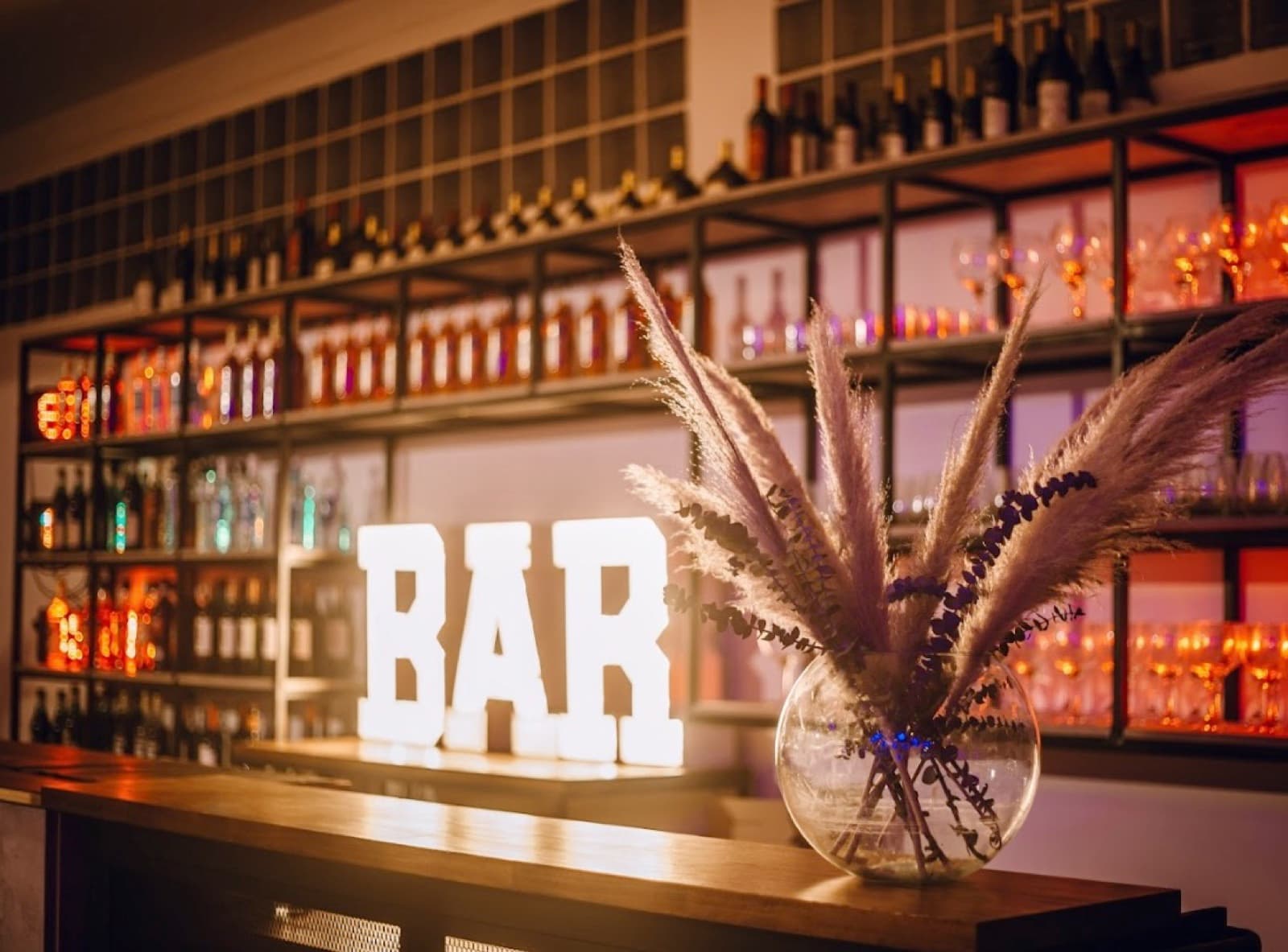 La barra armada con las letras luminosas que dicen BAR, las botellas en los estantes de atrás y un arreglo de plumas de pampa al costado.
