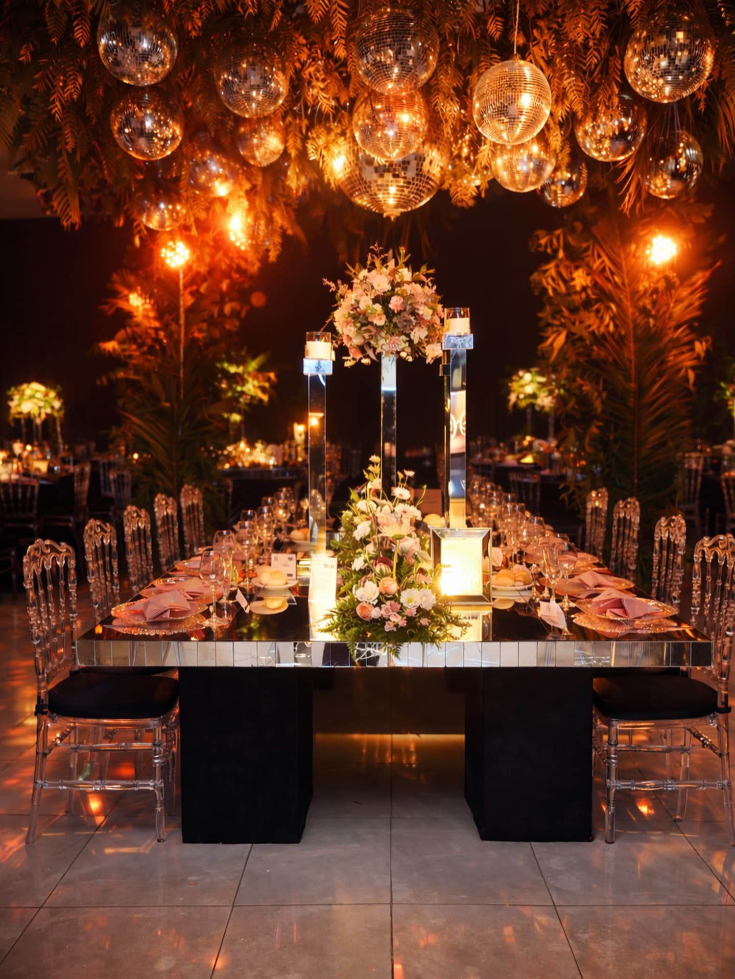 Una mesa larga de tapa espejada con centros de flores y velas, y encima un cielorraso de bochas de espejos entre follaje iluminado de naranja.