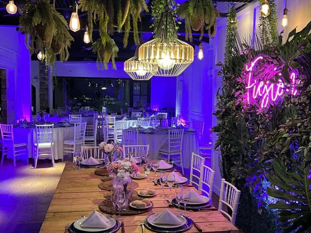 El salón con la mesa larga de madera puesta, arañas y helechos colgando del techo y un cartel de neón rosa al costado.