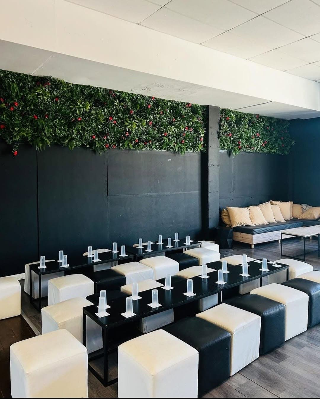 El sector de living con puffs blancos y negros alineados, sillones al fondo y una pared cubierta de follaje verde.